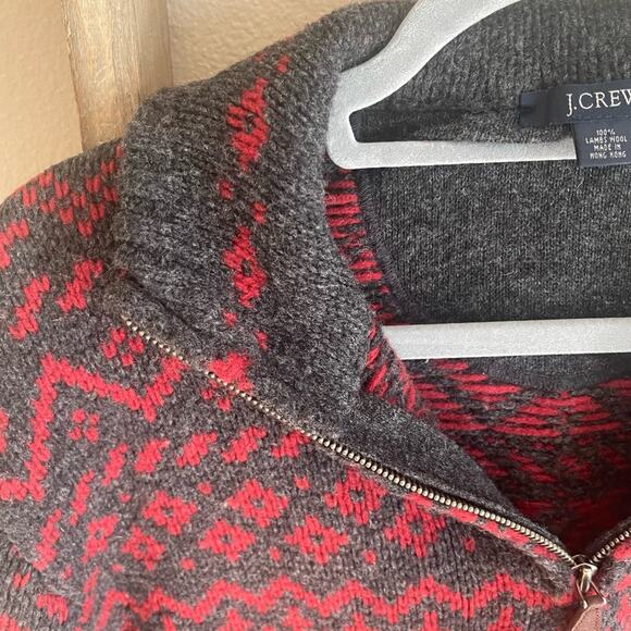 Vintage J. Crew Red Gray Lambswool fairisle Quater Zip Sweater Mens Large - Picture 2 of 5